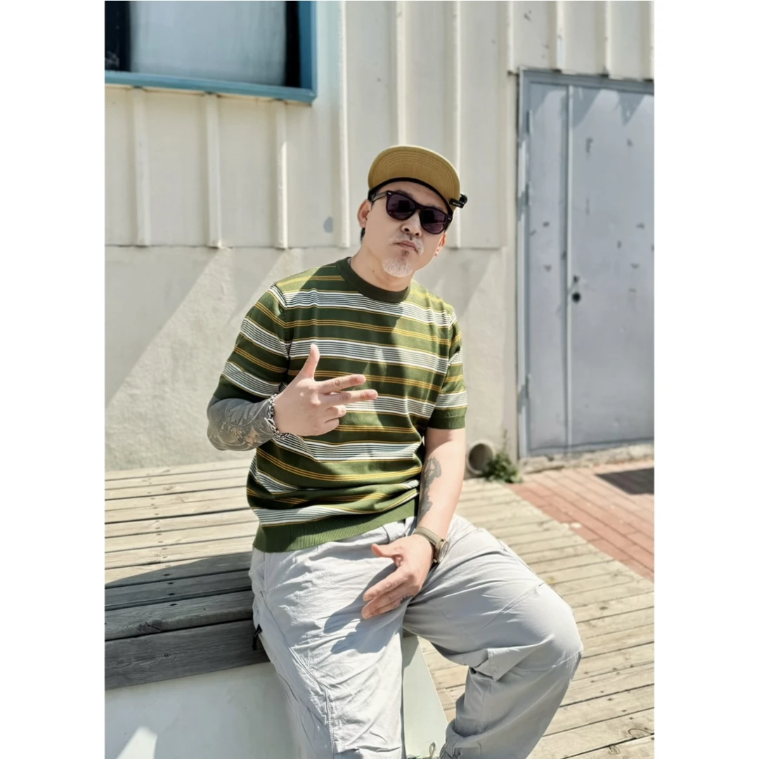 阿美咔叽复古条纹针织圆领短袖T恤5302