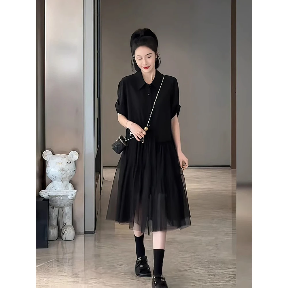 微胖mm气质赫本风小黑裙女胖妹妹夏季新款网纱拼接正肩黑色连衣裙