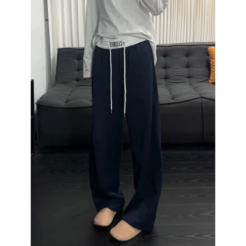 藏青色重磅拼接卫裤男款春秋慵懒风弯刀裤子美式直筒阔腿休闲长裤