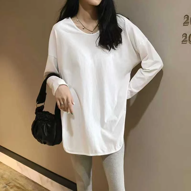 宽松纯棉白色长袖打底衫女2025早秋新款开叉中长款大码T恤女上衣