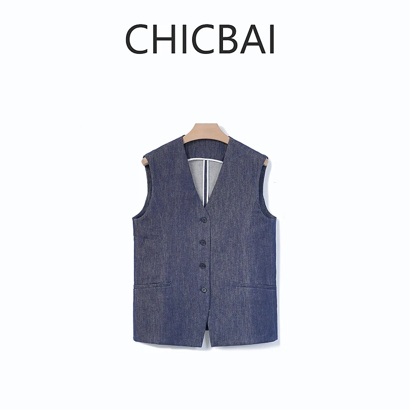 CHICBAI 环保不掉色时髦意式精裁牛仔西装马夹