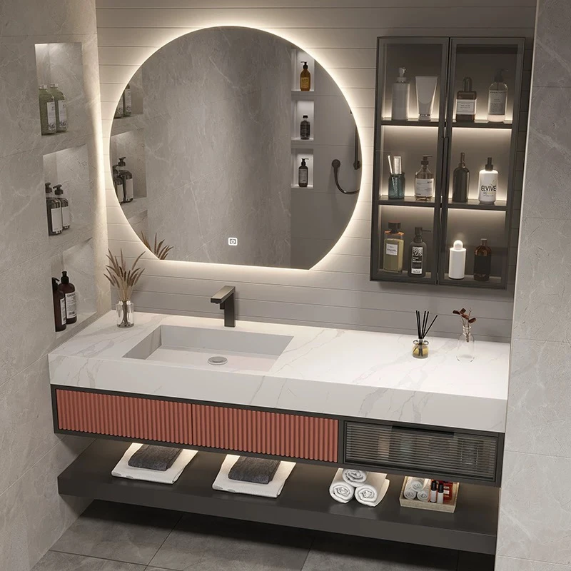 设计师订做轻奢岩板无缝盆浴室柜组合卫生间洗手池洗脸洗漱台盆柜