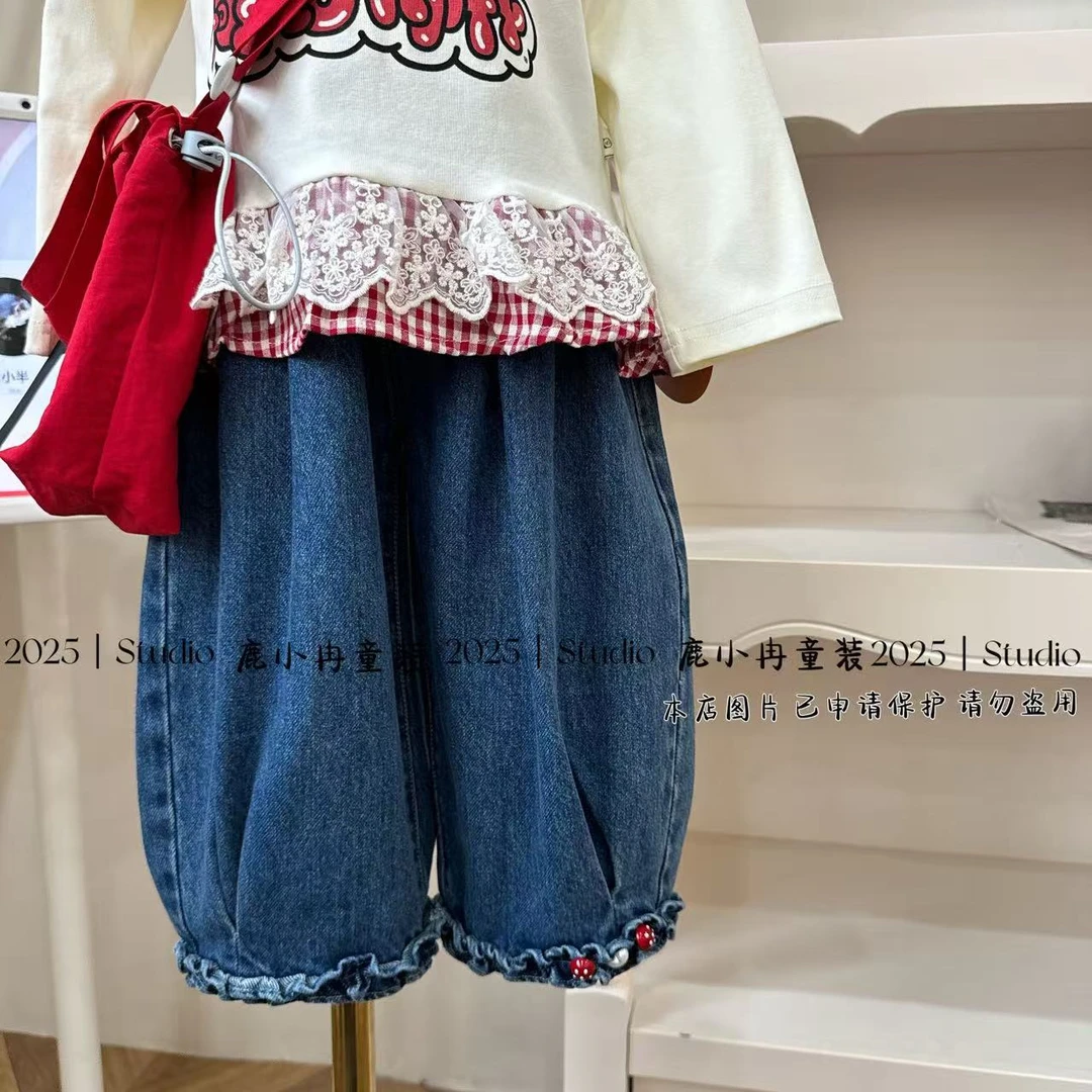 【鹿小冉】裤脚小蘑菇灯笼款软软牛仔裤26081