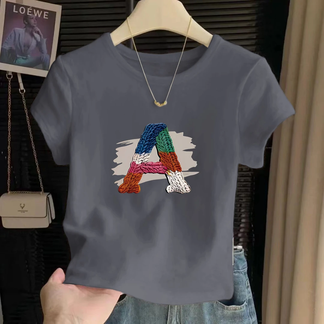 纯棉高腰短袖小个子T恤女大码圆领2025夏季新款字母印花短款上衣