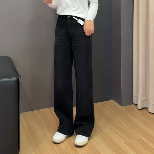 加绒加厚黑色牛仔裤女阔腿2025秋冬季新款窄版小个子高腰显瘦直筒
