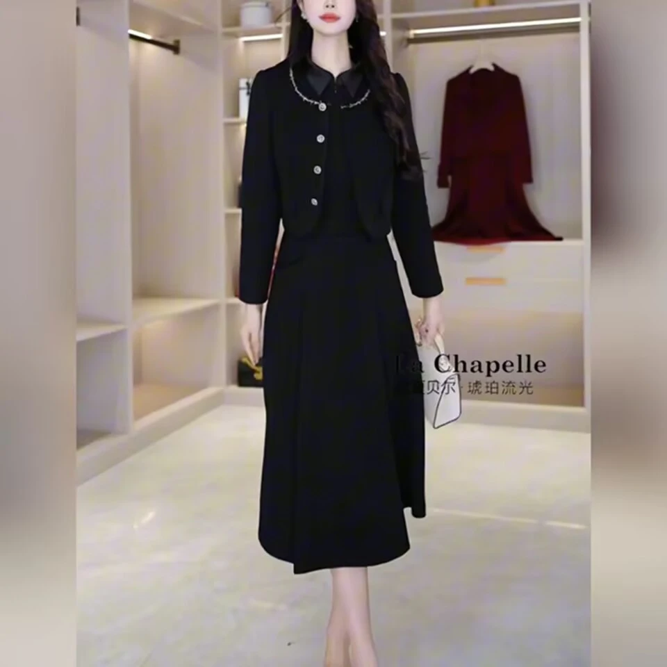 【拉夏贝尔】法式气质设计感高腰时尚修身显瘦长袖连衣裙两件套女