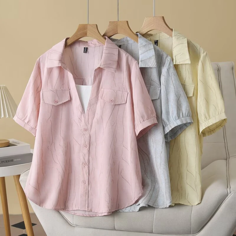 大码薄款夏季短袖翻领短袖休闲百搭洋气气质假两件衬衫2525