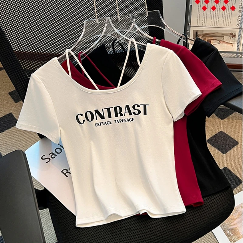 小个子爆款纯欲别致方领T恤女后背蝴蝶结修身显瘦上衣夏季短款潮