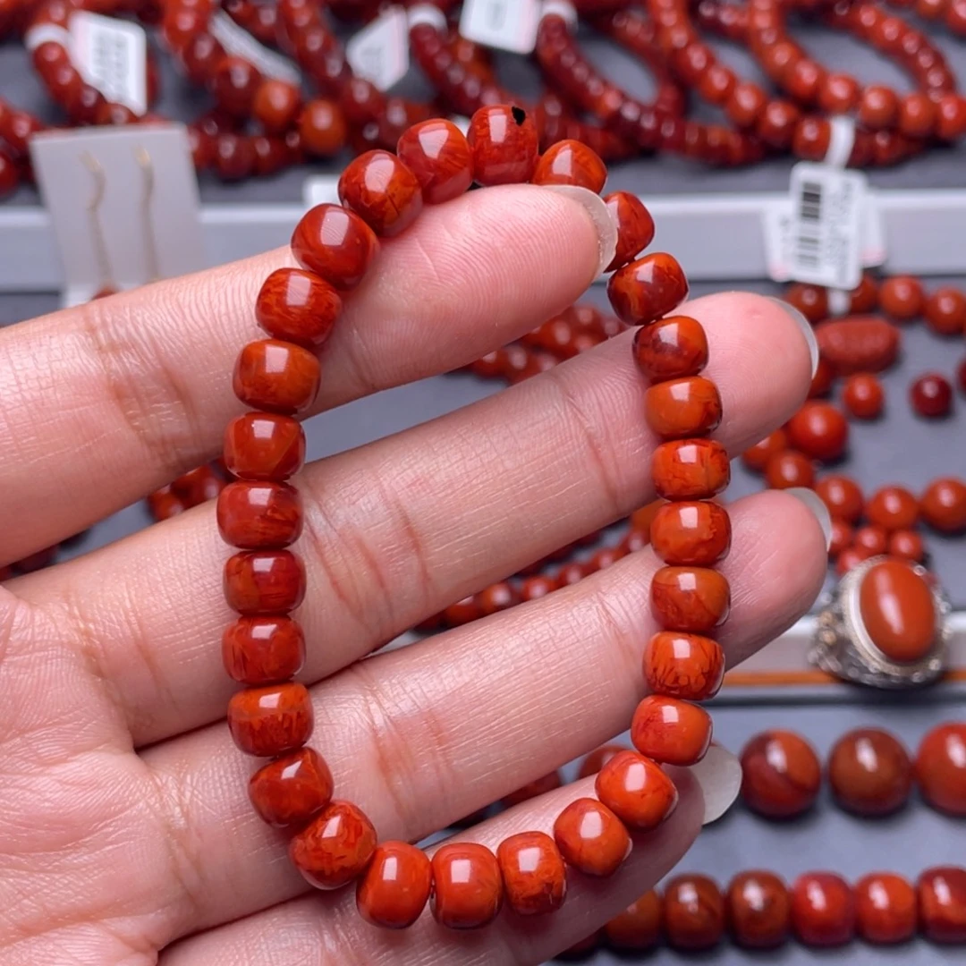 ࿐***࿐南红玛瑙未镶嵌配珠8.2mm瓦西牛血红火焰纹老型手串