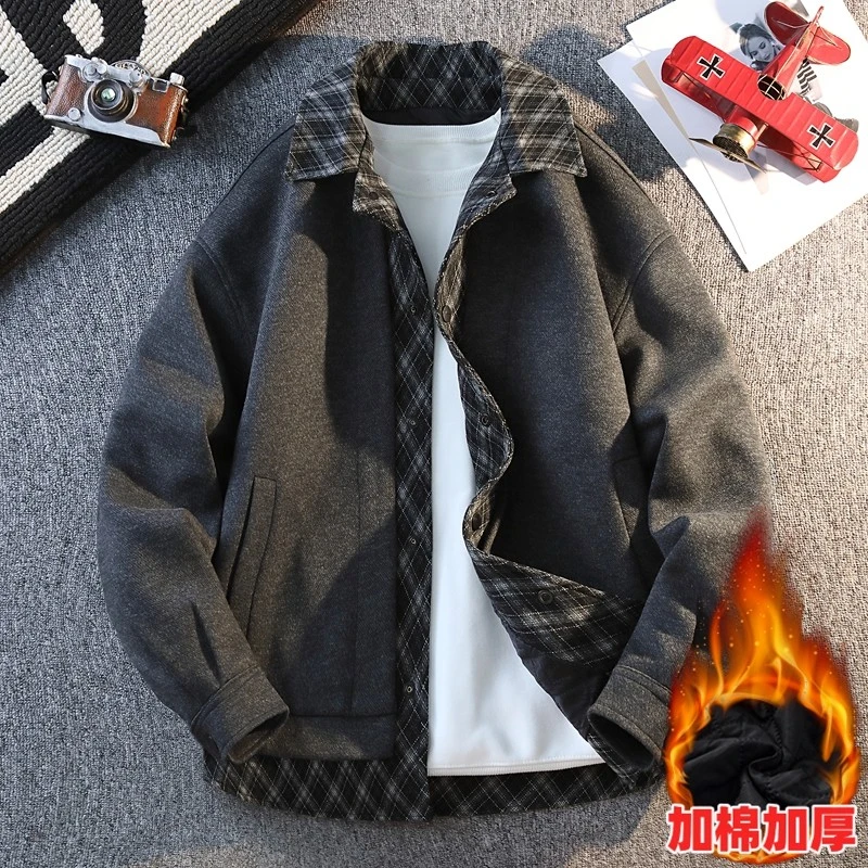 2025秋冬季假两件衬衫领毛呢外套男士加棉加厚痞帅休闲夹克5710