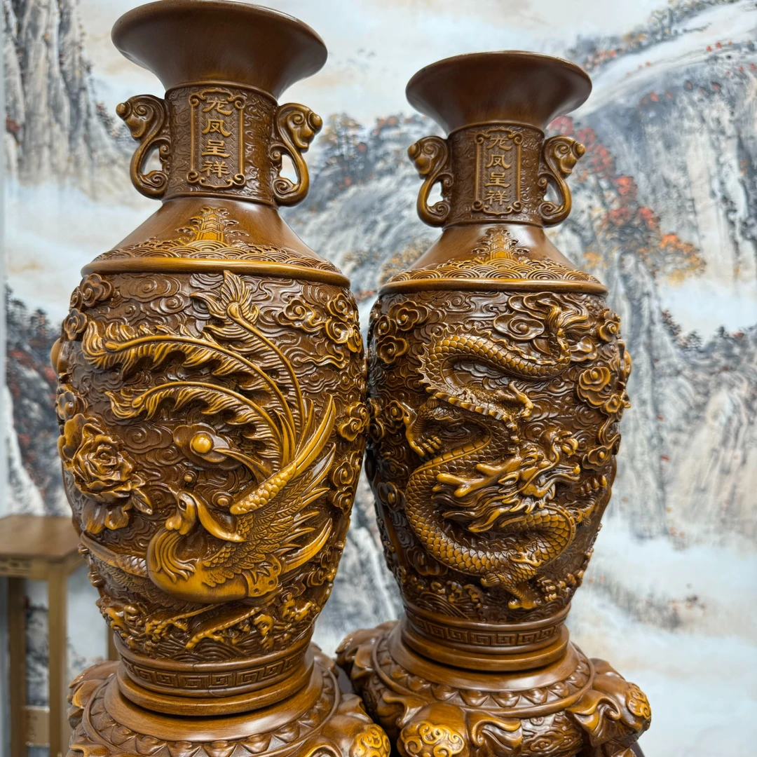 仿古浮雕龙凤呈祥铜花瓶吉祥礼品摆件大号摆设（长20高46cm）