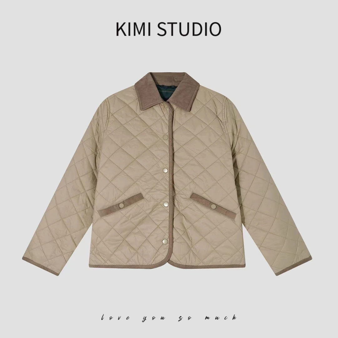 KIMI 25秋冬灯芯绒拼接菱格精致柔软短款棉服撞色翻领外套AW24696