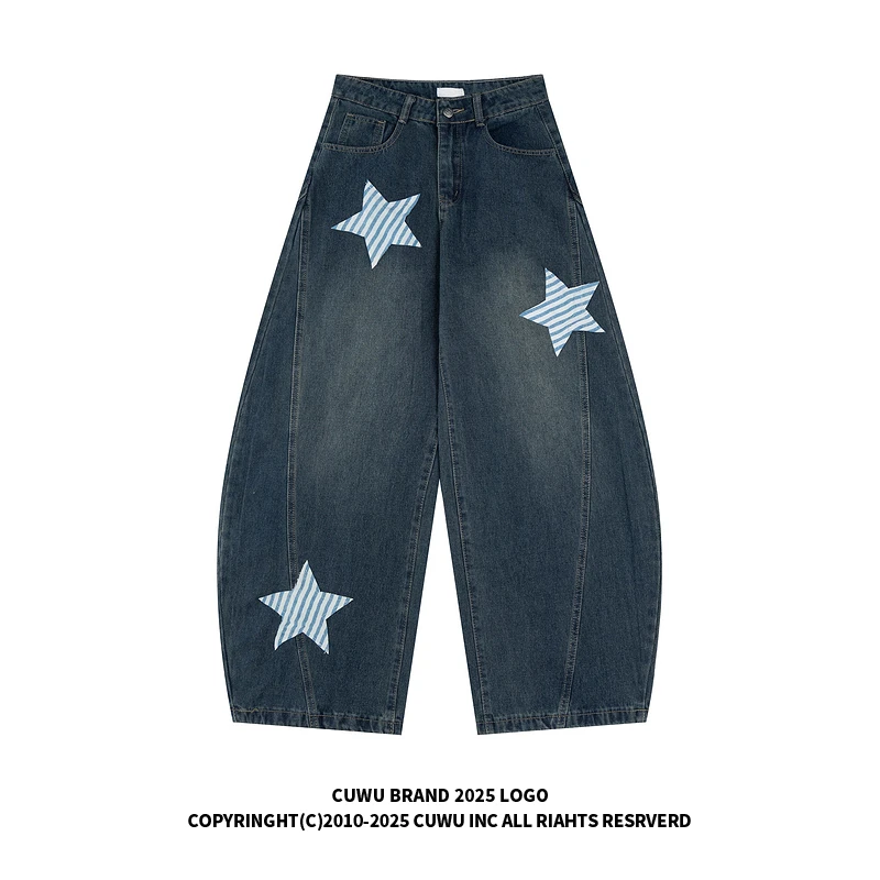 cuwu美式复古贴布条纹星星弯刀牛仔裤女男秋季宽松高腰显瘦阔腿裤
