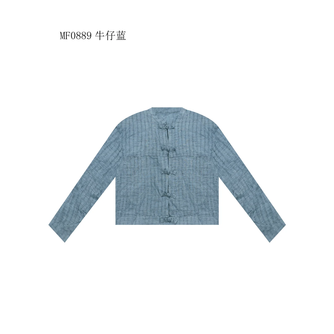 【麻訪家】MF0889牛仔蓝文艺简约盘扣百搭长袖开衫上衣