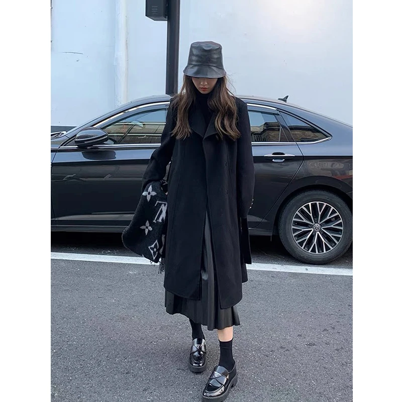 黑色双面呢羊毛大衣女2025秋冬新款小个子赫本风正肩羊绒呢子外套