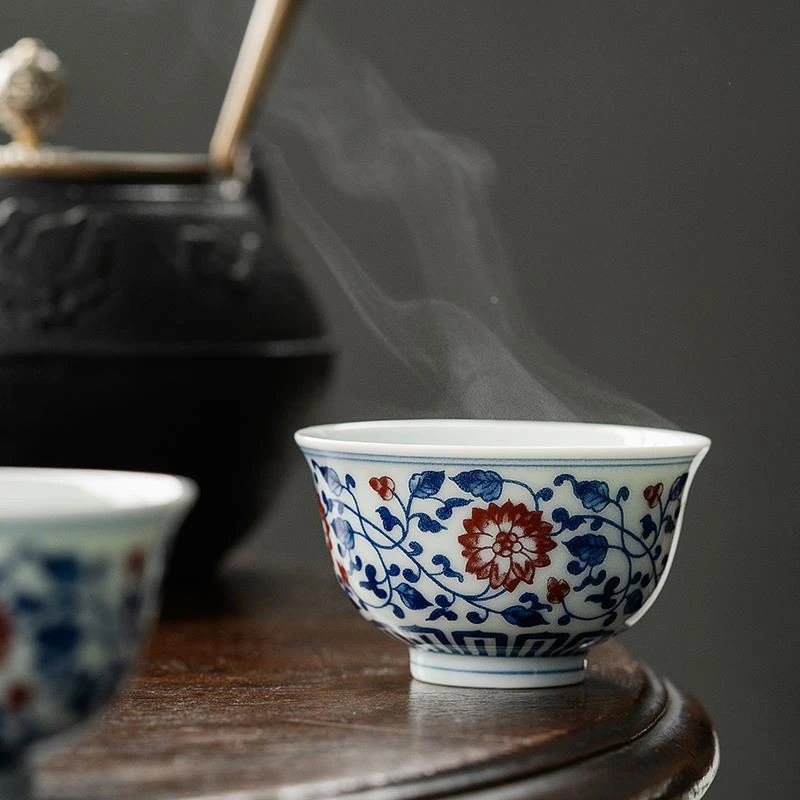 青花压手杯釉里红仿手绘品茗杯主人杯单杯复德化功夫小茶杯