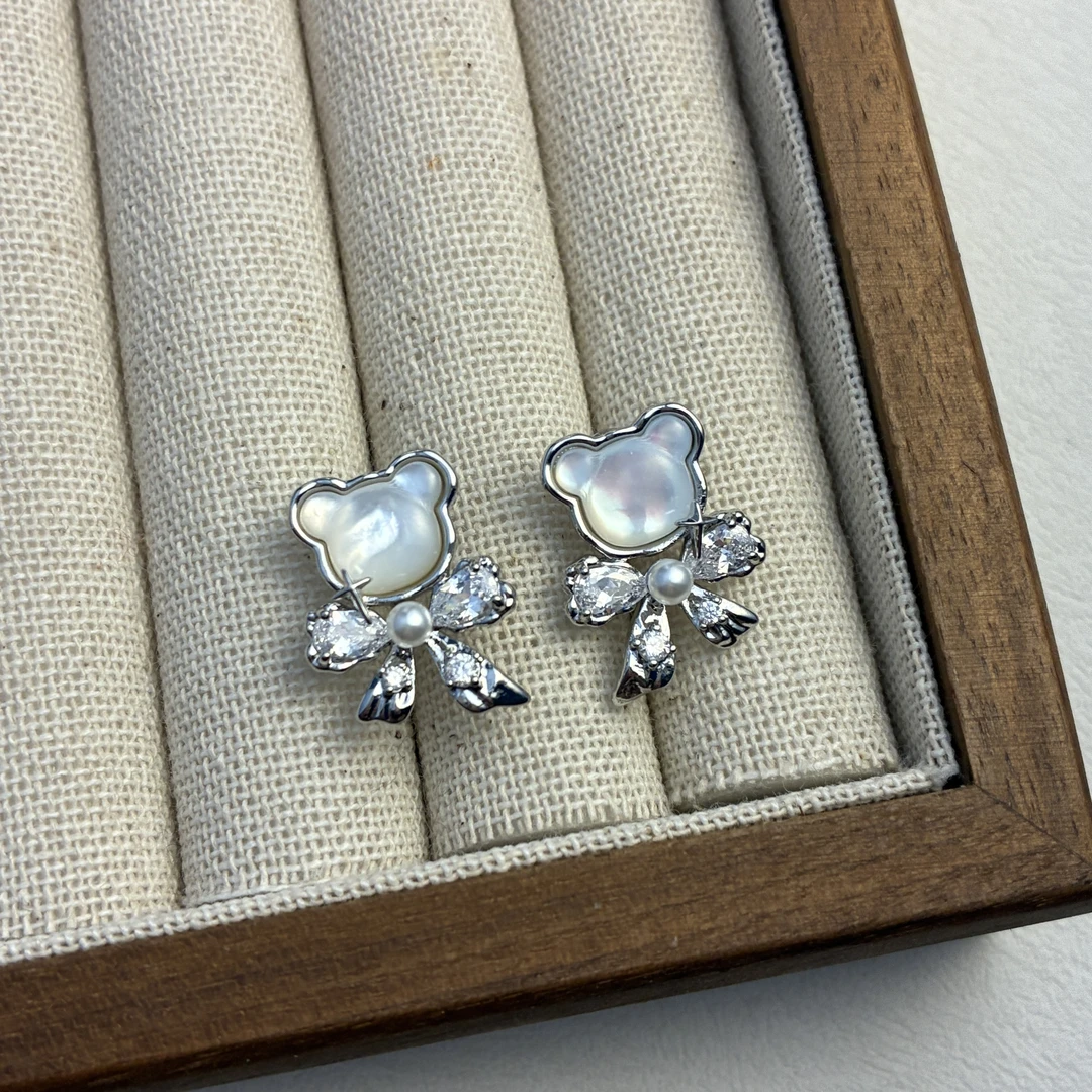 铜合金贝壳耳饰 镀K金925银针804号小熊贝母蝴蝶结耳钉