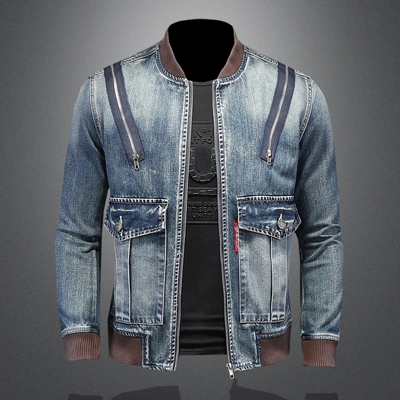 希敦纽勒秋冬款棒球领牛仔外套男潮流复古休闲机车夹克帅气牛仔衣
