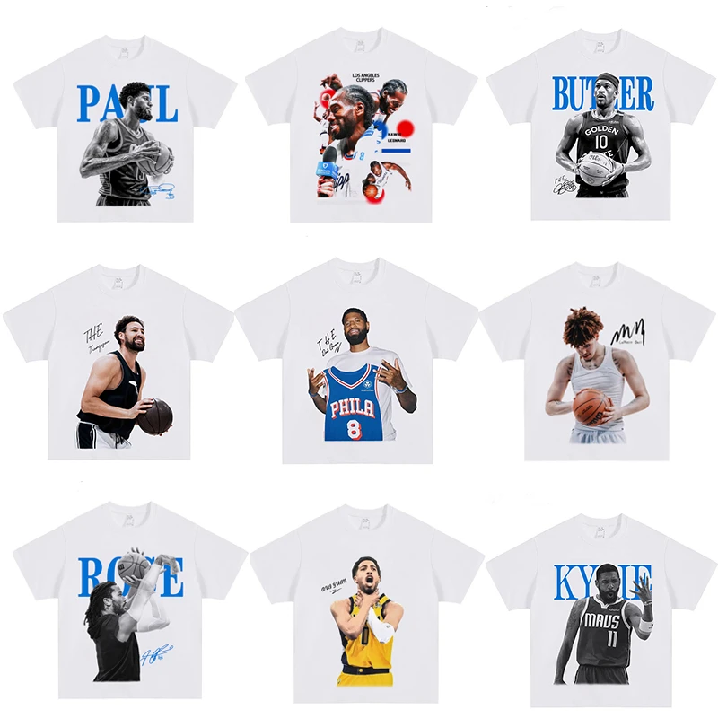 复古球星印花短袖T恤男潮纯棉260g潮流重磅宽松夏季高街半袖