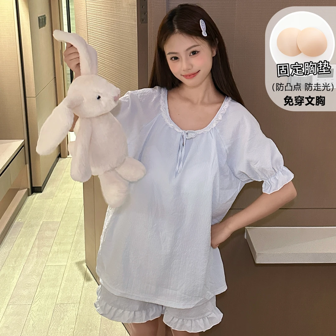 夏季薄款短袖短裤女睡衣家居服带胸垫套装免穿文胸居家甜美少女风