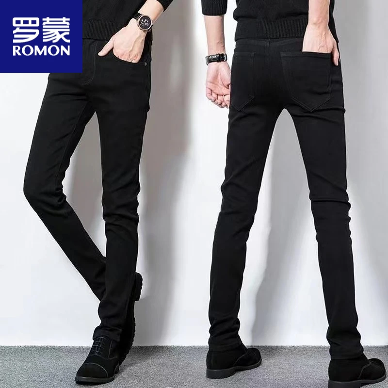 Romon/罗蒙新款黑色牛仔裤男士修身小脚弹力舒适休闲百搭显瘦长裤