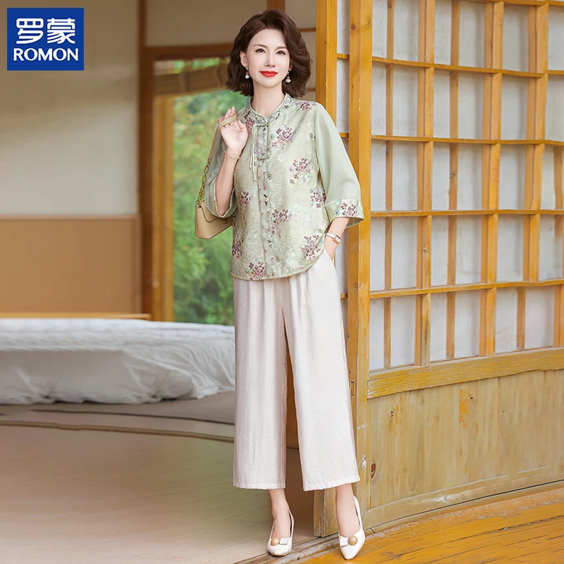 罗蒙妈妈装夏季国风两件套2025新款中年洋气小衫中老年女洋气套装