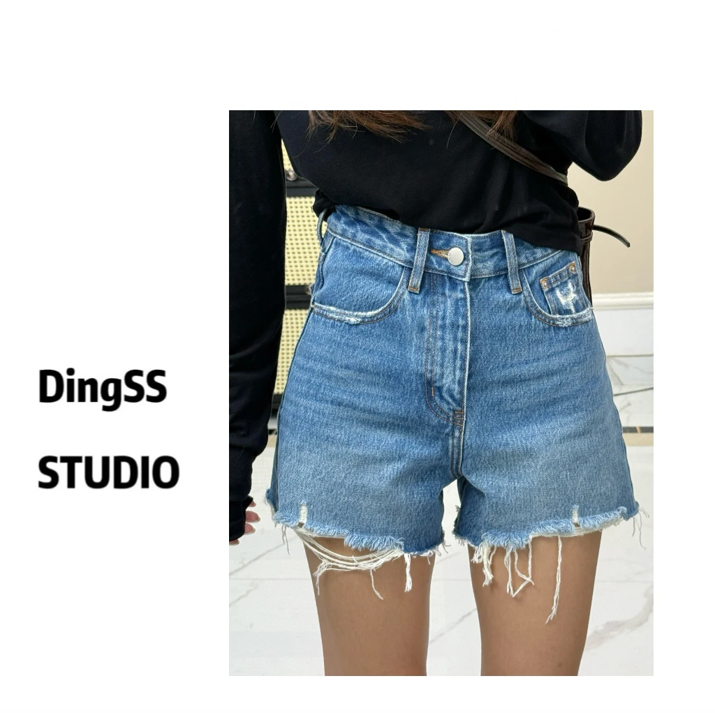 【珊珊推荐】南油牛仔短裤 撞色破洞a字高腰显瘦松弛通勤牛仔短裤