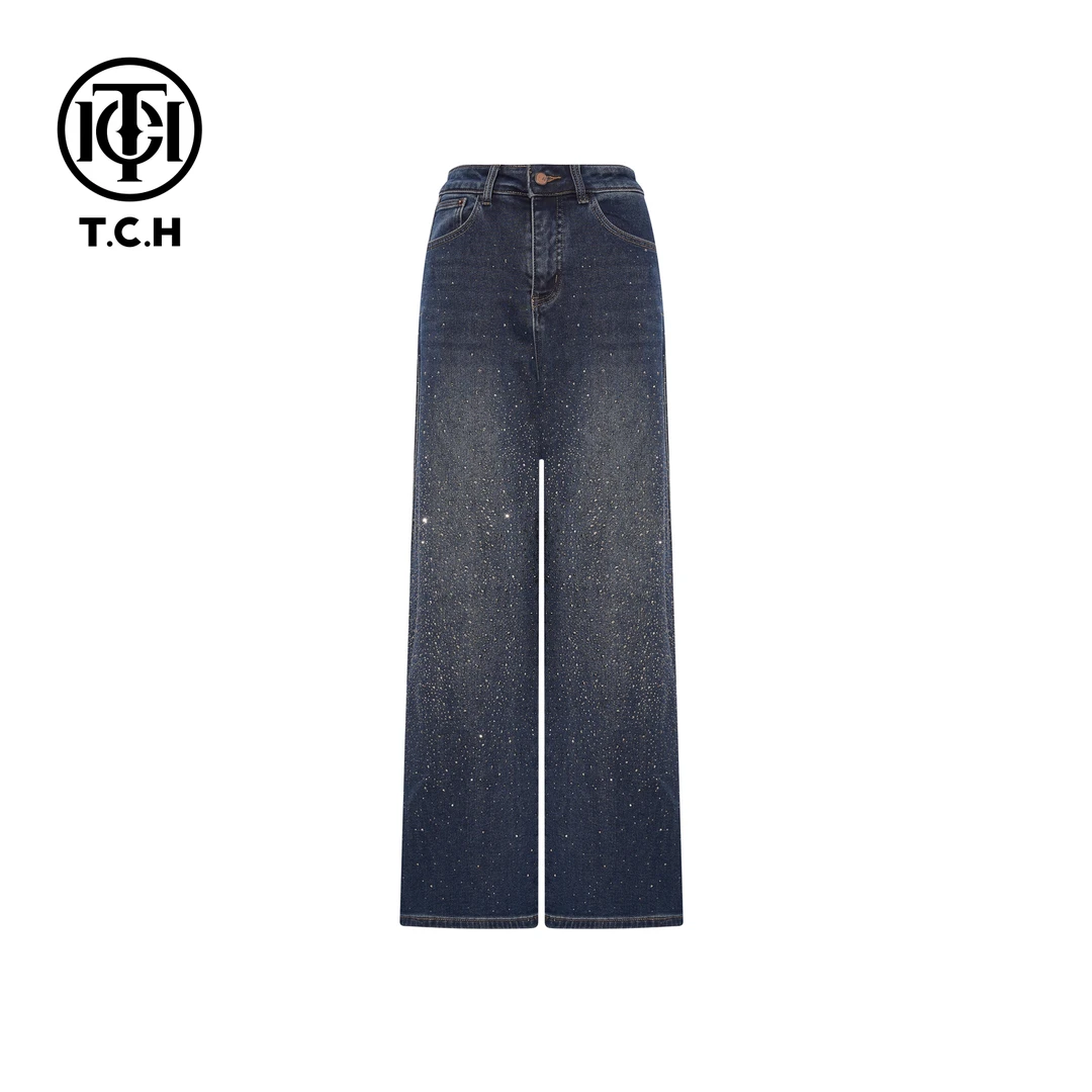 TCH【直筒牛仔】冬款百搭时尚烫钻休闲女装直筒牛仔裤T75D20E1166