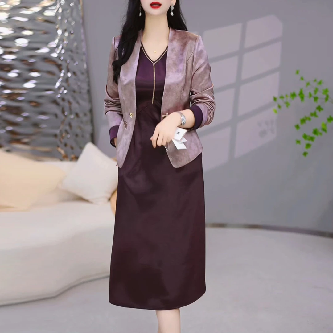 2025年秋装新款裙子西装上衣两件套V领套装裙端庄时尚套装连衣裙