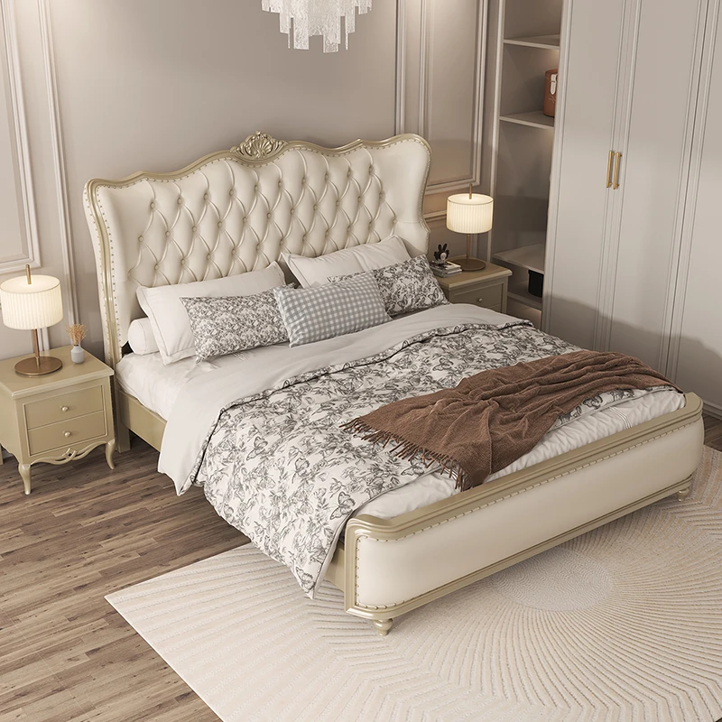 美式主卧大床意式真皮轻奢现代简约双人床实木婚床1.8米皮艺床