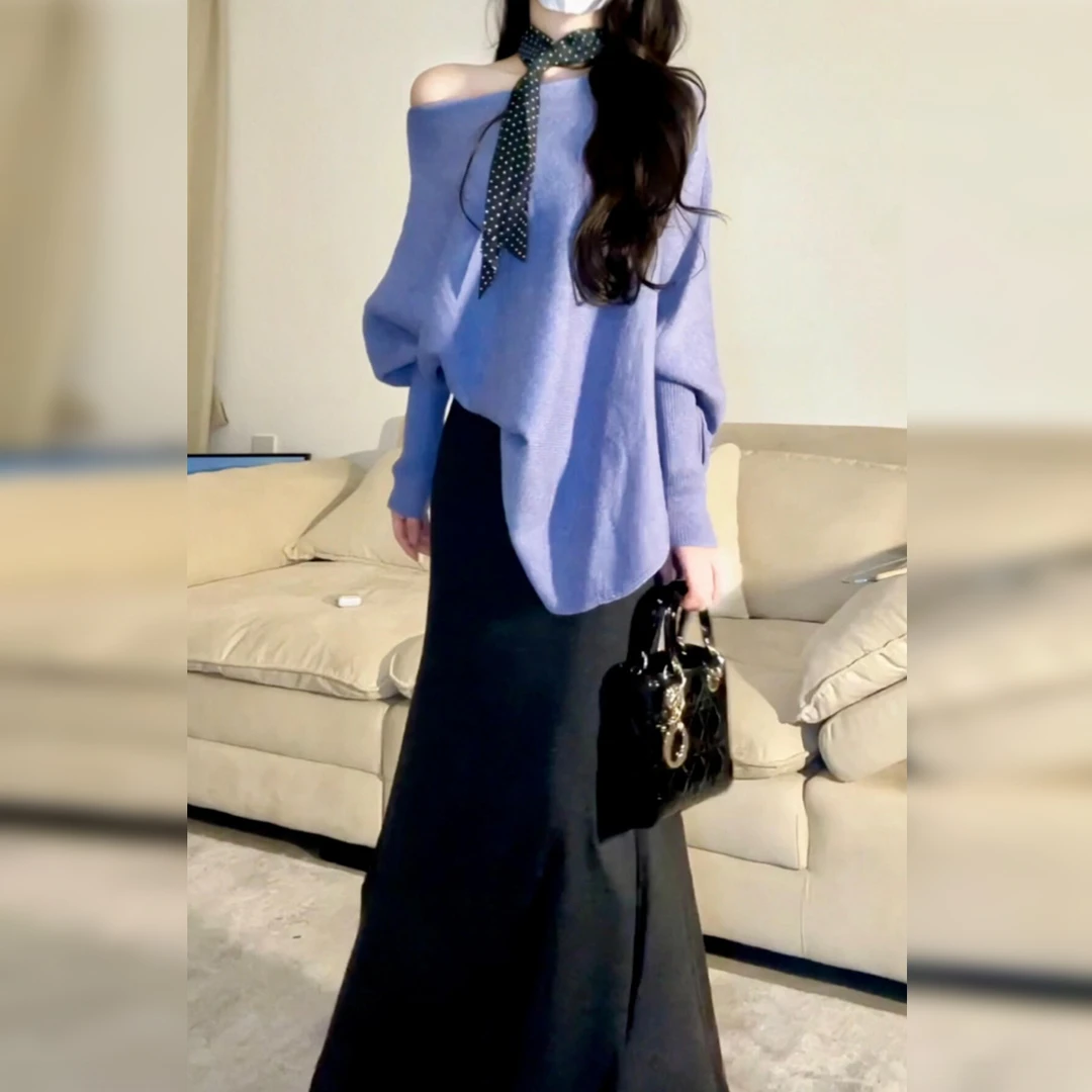 紫色毛衣外套半身连衣裙子女2025新款韩系早秋穿搭配一整套装长裙