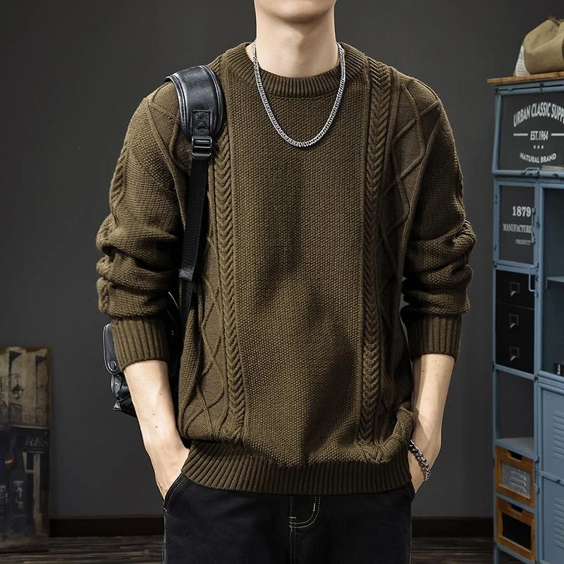 冬季复古麻花毛衣男秋冬2025新款宽松圆领针织套头休闲男士打底衫