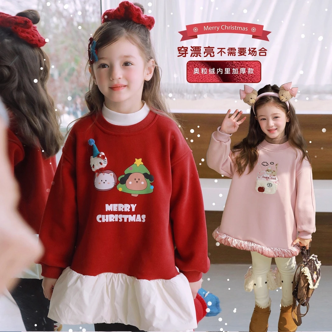 ASLN女童装圣诞氛围感柔糯花苞蓬蓬裙加绒加厚连衣裙冬装2025新款