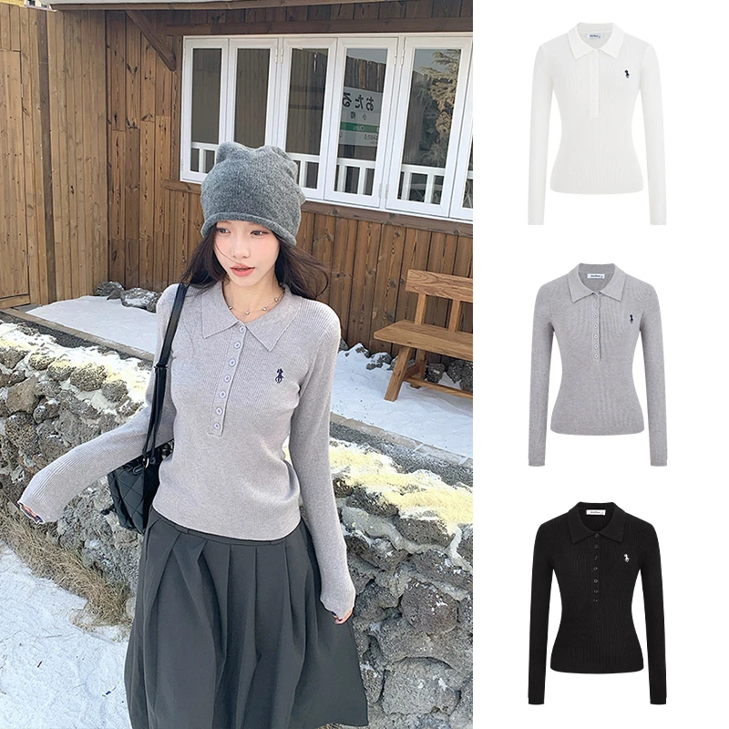 Moses Queen/魔西女王韩系老钱风Polo领长袖衫气质显瘦纯色针织衫
