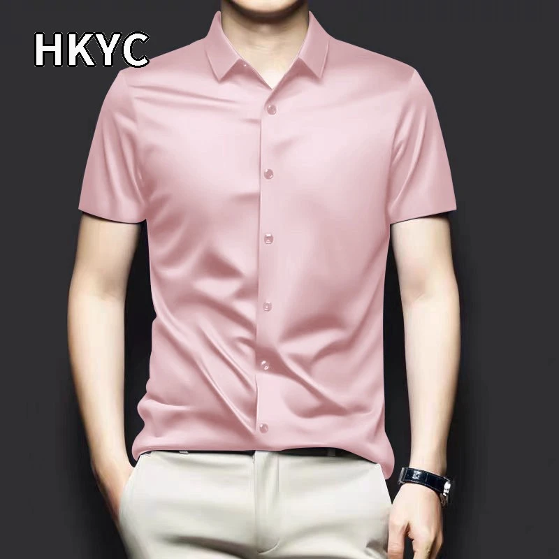 高端桑蚕丝衬衫短袖夏季大码轻奢真丝商务休闲新郎红衬衣免烫抗皱