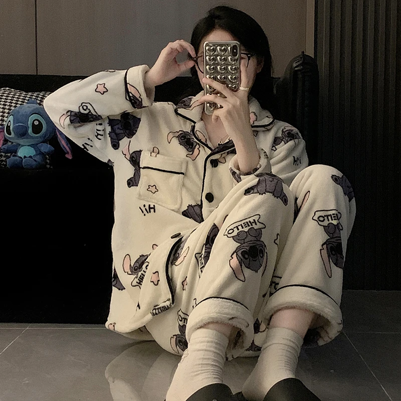 加厚加绒珊瑚绒睡衣女生秋冬季可外穿卡通家居服冬天法兰绒两件套