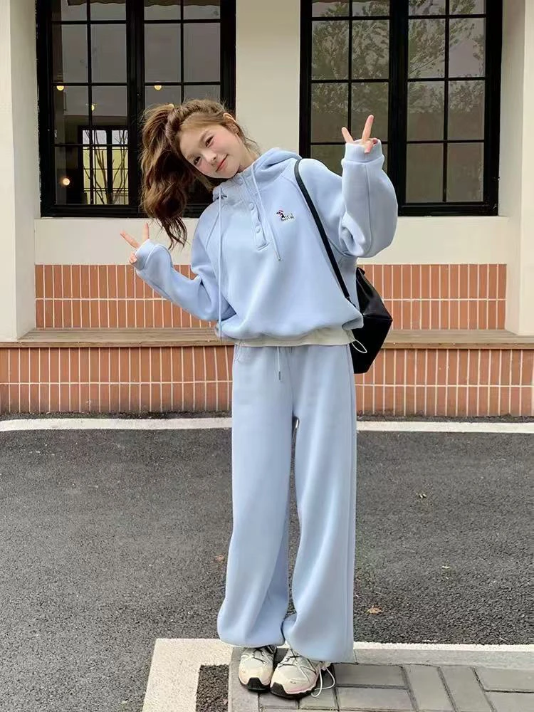 大码胖mm超好看刺绣腊肠狗蓝色连帽卫衣运动上衣裤子两件套1361