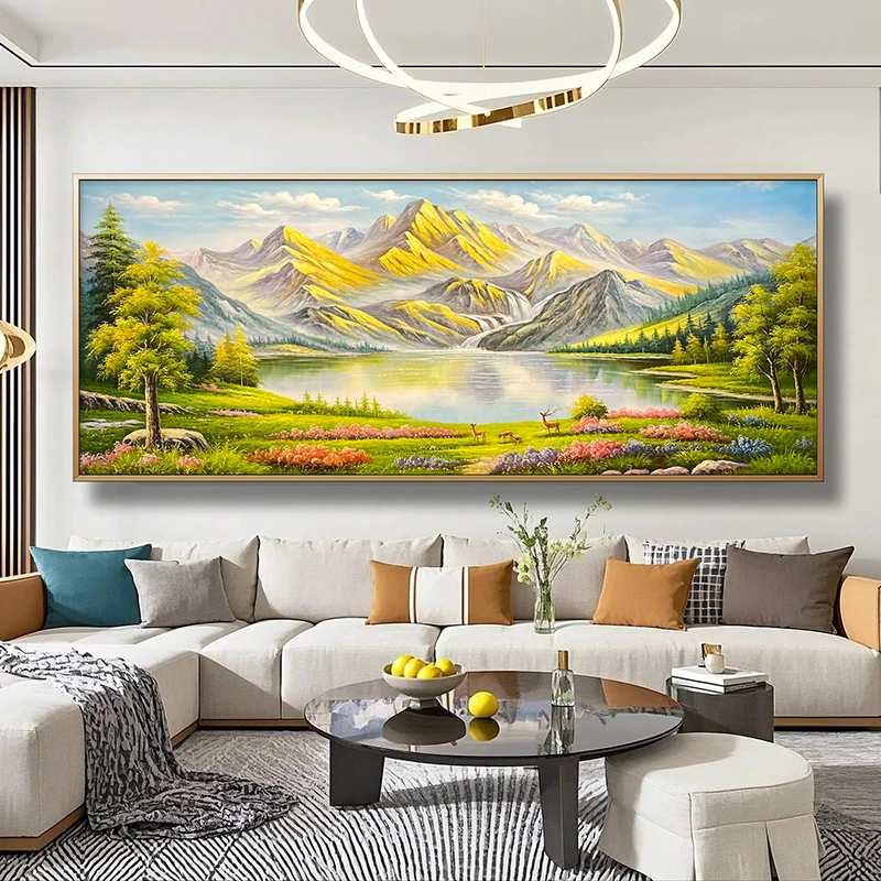 《青山翠湖鹿影间》风景客厅办公室挂画靠山装饰画日照金山肌理油画