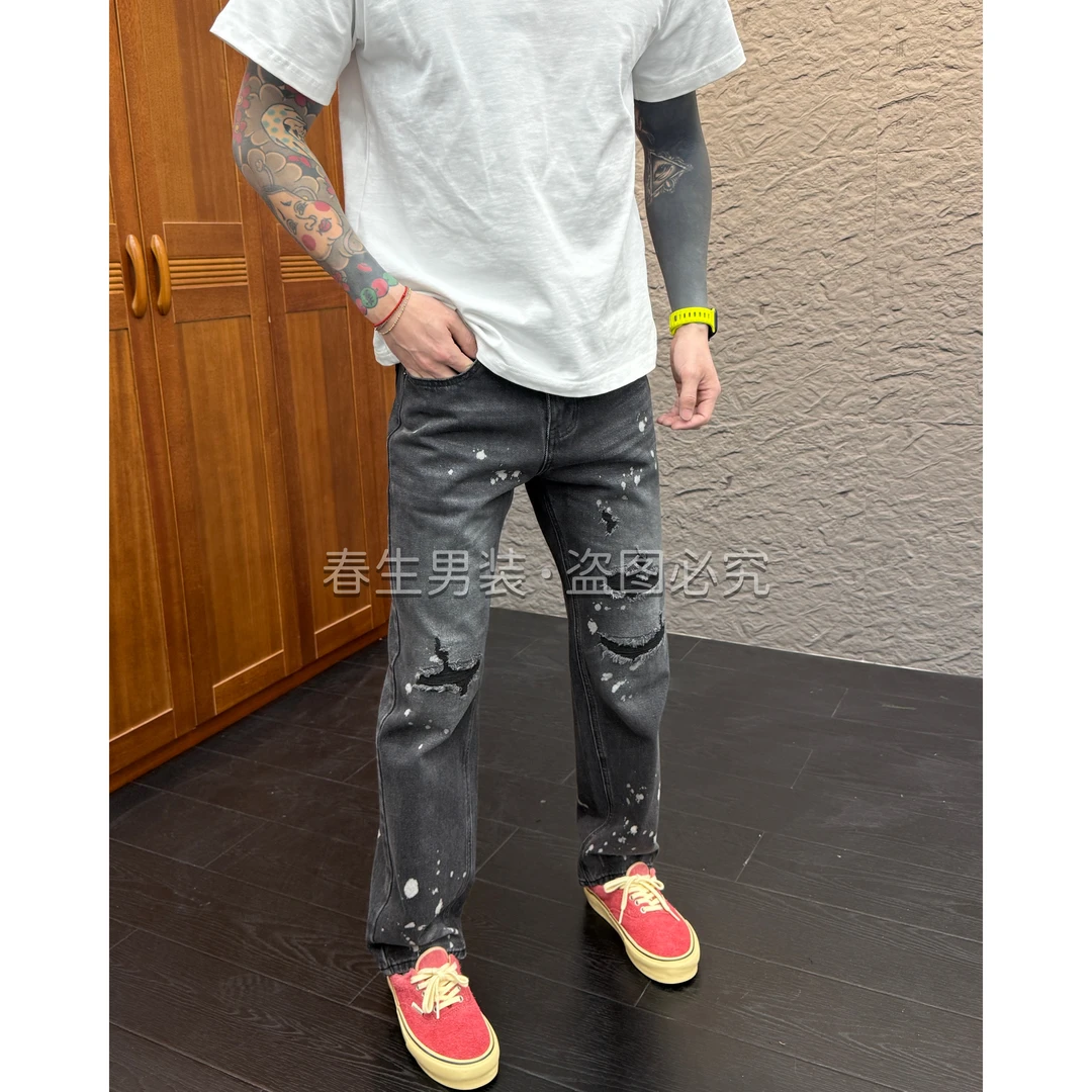 2025秋冬新款时尚休闲百搭假破洞泼墨男士直筒宽松牛仔裤3091