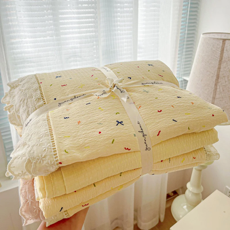 「圣丽霏家纺」2025新款云感木棉皱皱双层纱全棉韩式花边四件套