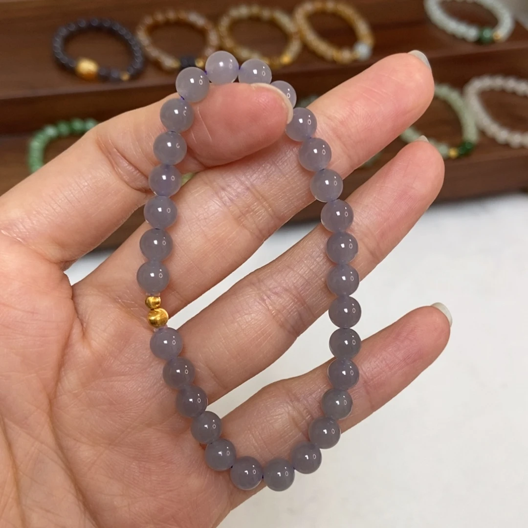 和田玉18K金镶嵌手链6mm冰底莫兰迪烟紫