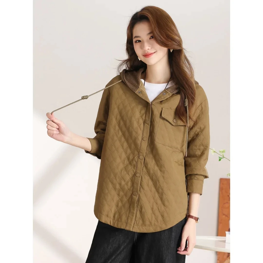 D788新款2025秋季休闲百搭拼接连帽宽松单排扣长袖外套女上衣外套