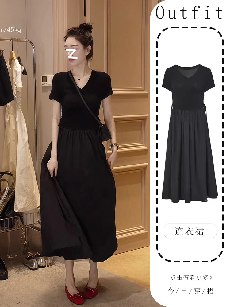 欧纪儿女装鸥同款赫本风小黑裙女春季收腰连衣裙复古气质V领裙子
