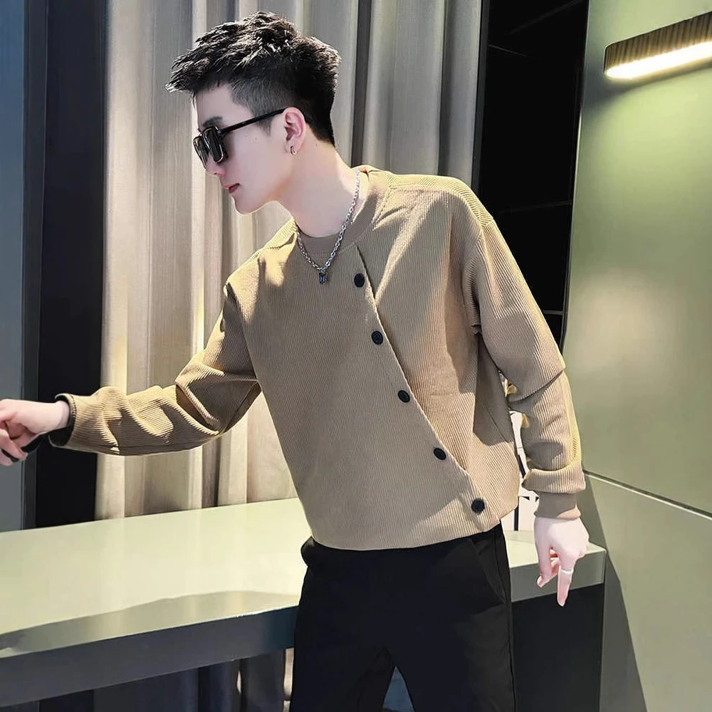 灯芯绒卫衣男款春潮牌设计感排扣长袖衣服男2025新款爆款打底衫