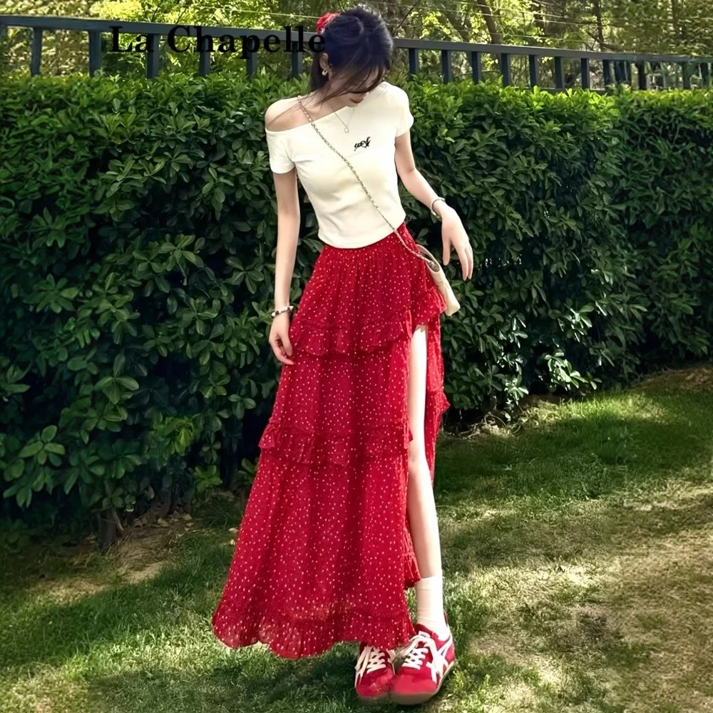 红色波点半身裙女夏季2025新款高腰显瘦a字蛋糕裙长裙子