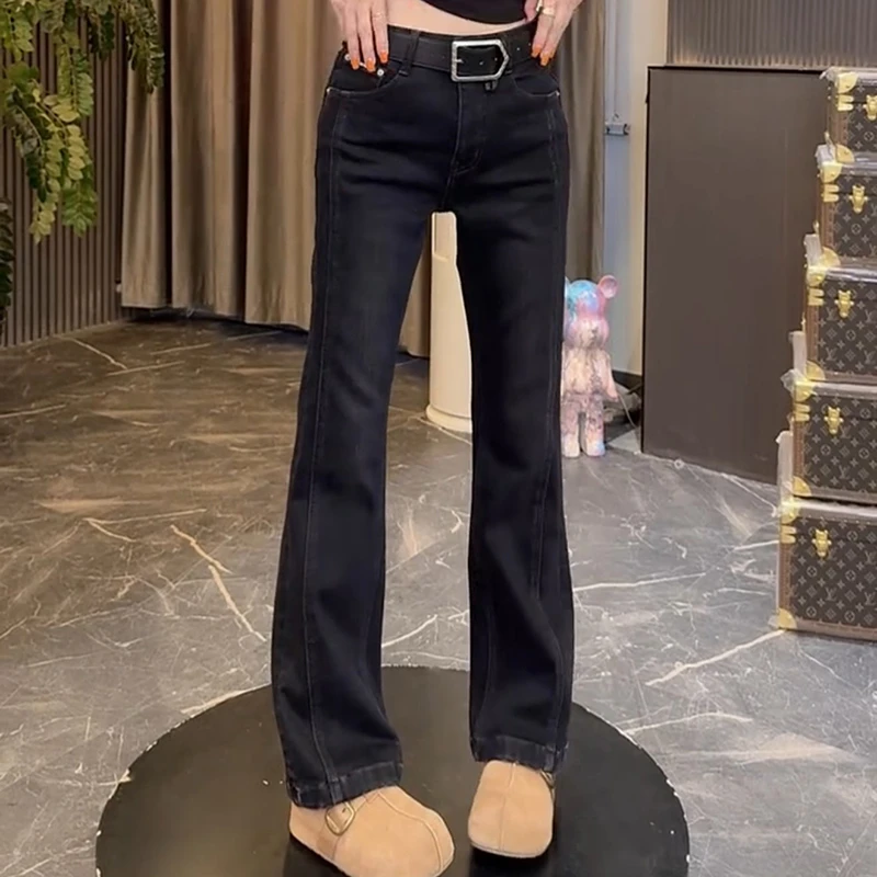 微喇裤高腰秋冬牛仔裤秋季显瘦喇叭裤子女复古加绒加厚百搭洋气