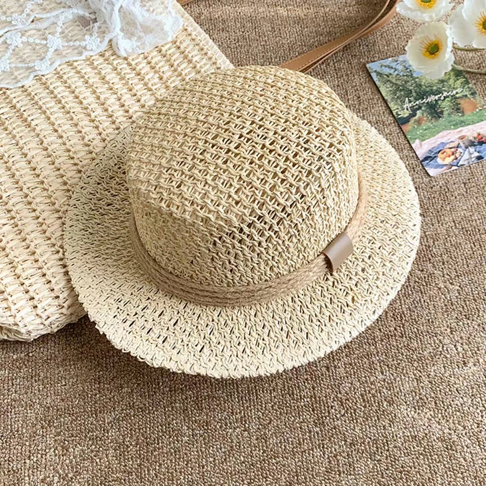 网红草帽法式平顶礼帽英伦海边遮阳防晒平沿宽檐女帽子时尚百搭