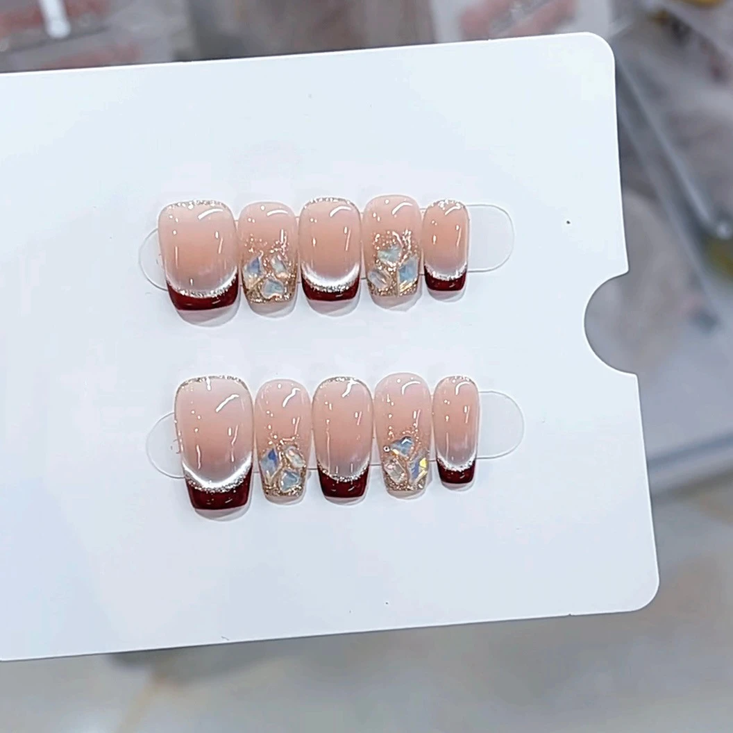 半糖红茶纯手工光疗美甲贴果冻贴片指甲穿戴甲简约梯形重复使用