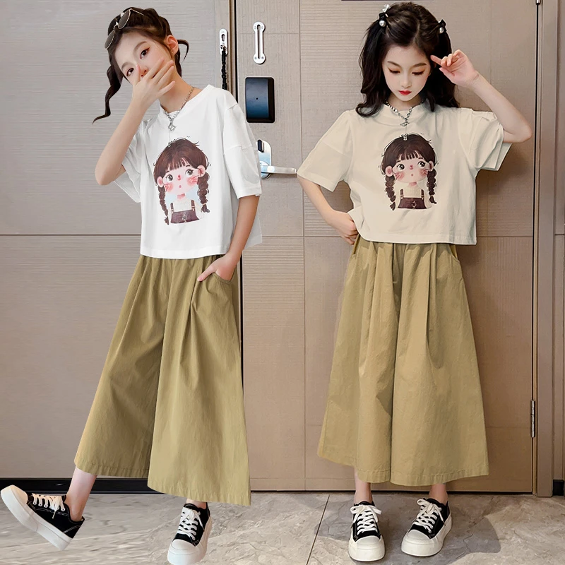 女童夏季套装2025新款女中大童时尚印花T恤女孩休闲阔腿裤两件套