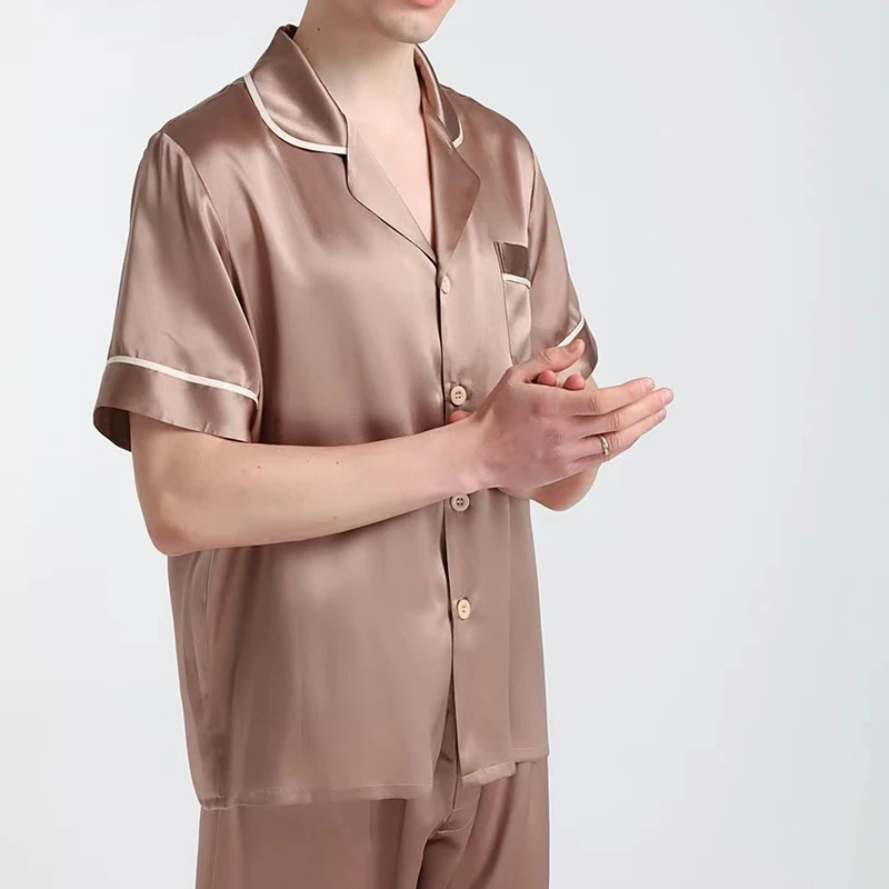 焦糖色咖啡真丝睡衣男套装家居服长袖短袖长裤分体100桑蚕丝礼物